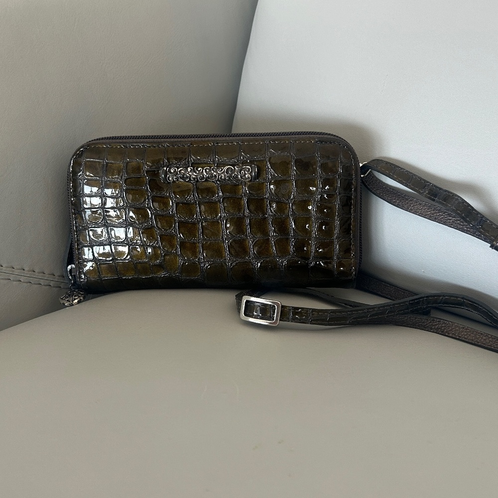 Brighton Pewter Patent Leather Croc Embossed Wallet Crossbody